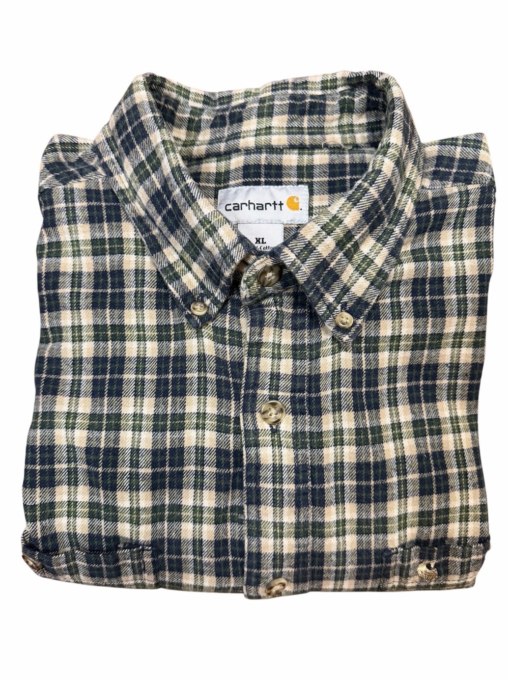 EUC Carhartt 2011 Men’s Green Navy Plaid Button-Down Long Sleeve Flannel Shirt